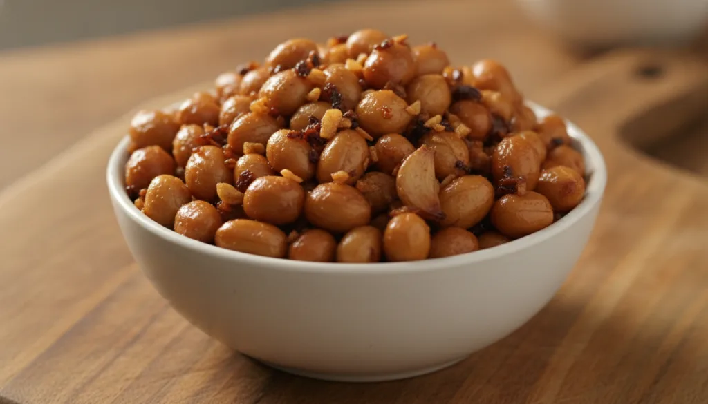 A bowl of golden-brown garlic roasted peanuts with visible roasted garlic bits evoking a rich savory aroma