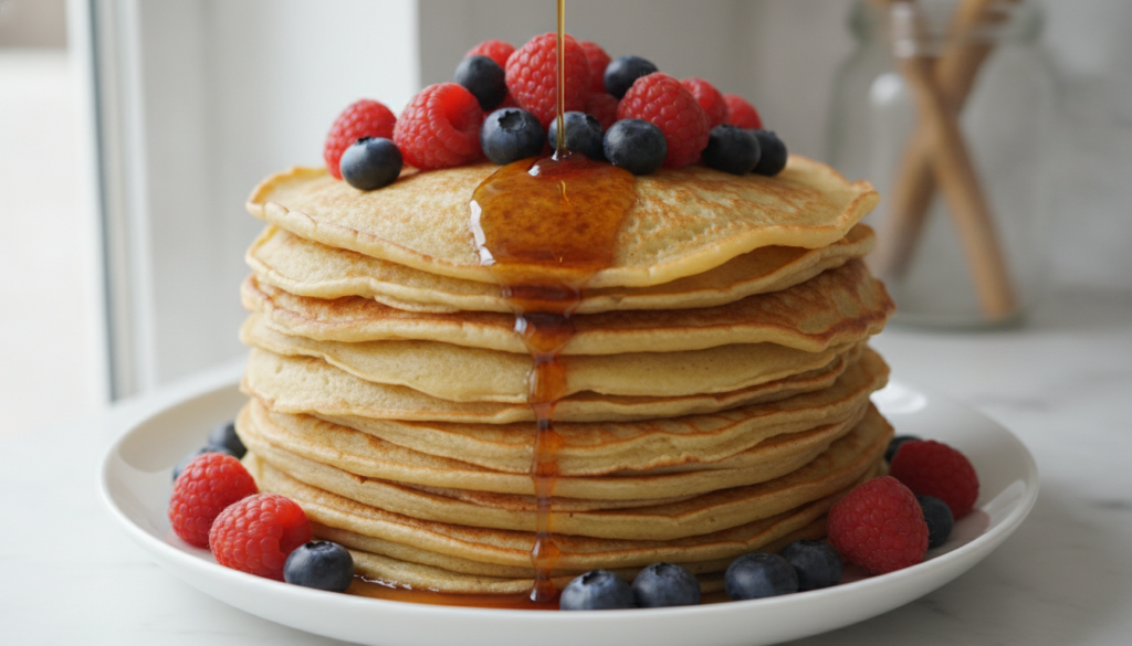 A stack of perfectly cooked vegan crepes on a plate garnished with fresh berries and a drizzle of maple syrup ready to b