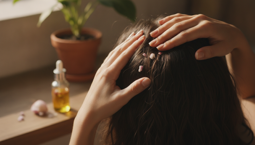 A woman gently massaging onion-infused hair oil into her scalp with her fingertips showing a close-up of her hands and h
