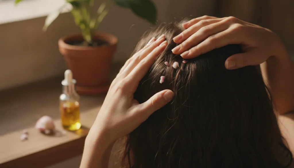 A woman gently massaging onion-infused hair oil into her scalp with her fingertips showing a close-up of her hands and h