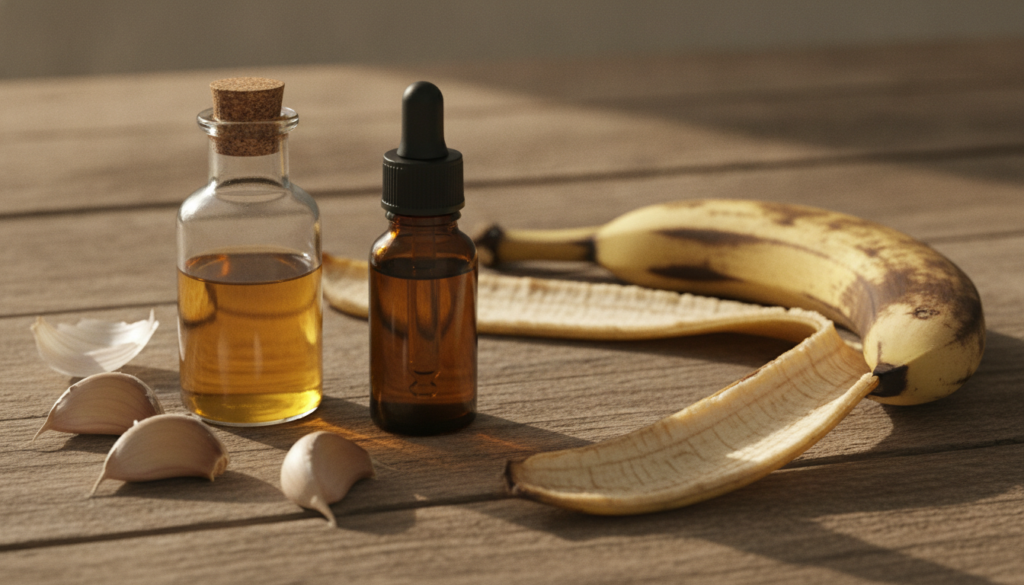 A collection of natural ingredients known for their traditional use against warts such as a bottle of apple cider vinega