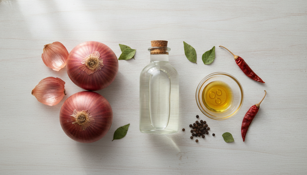 Ingredients for onion hair oil red onions a bottle of coconut oil and a small bowl of essential oil All laid out on a cl