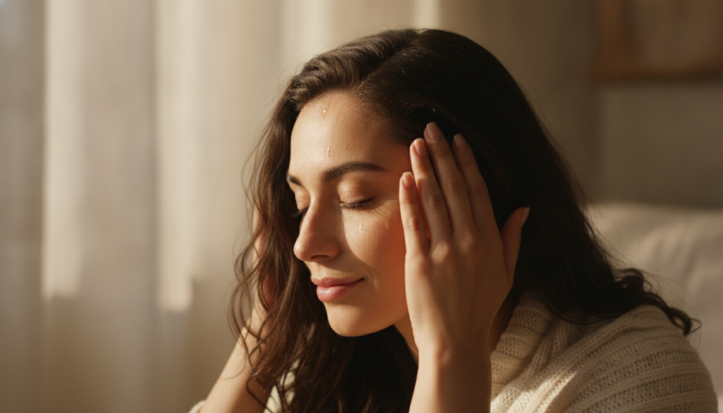 A woman gently massaging onion hair oil into her scalp with her fingertips demonstrating the application process Her hai