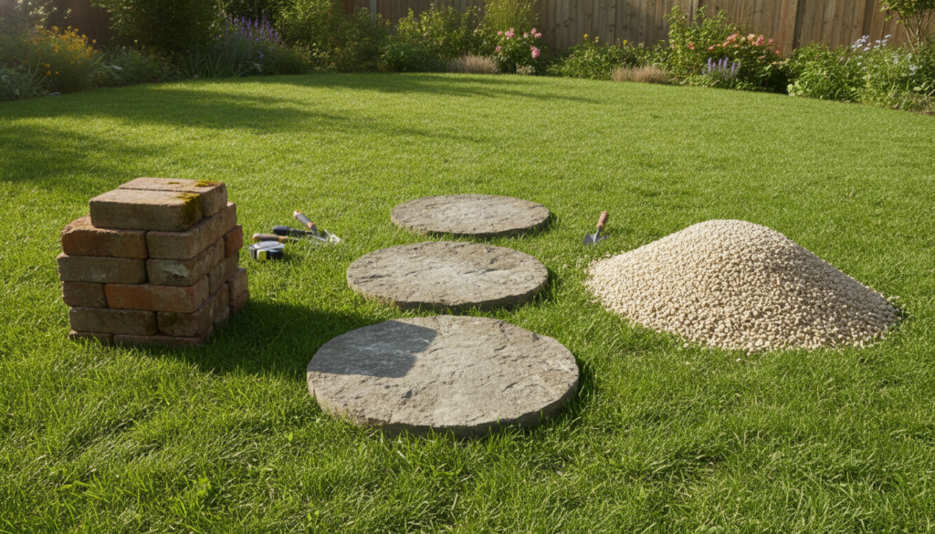 Various types of round stepping stones and old rustic red bricks laid out on grass ready for a garden path project