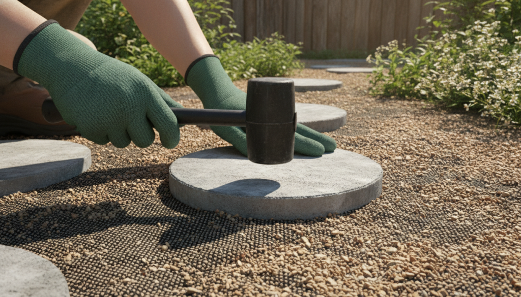A gardener using a rubber mallet to gently tap a round stepping stone into place on a prepared gravel base with landscap