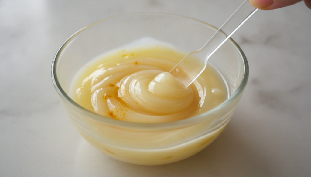 Close-up of a small glass bowl with Vaseline lemon juice and turmeric powder being mixed with a tiny spatula showing the