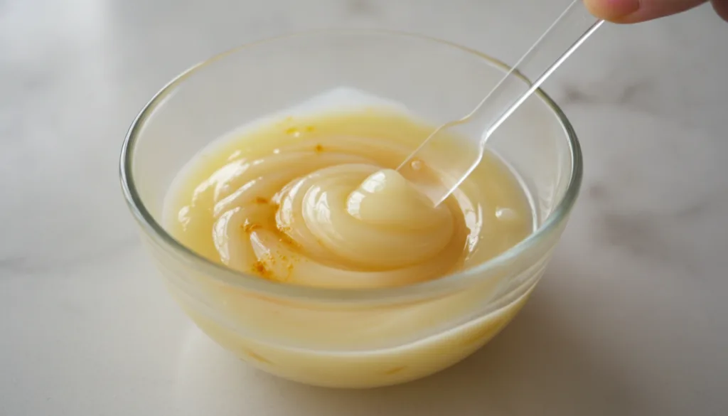 Close-up of a small glass bowl with Vaseline lemon juice and turmeric powder being mixed with a tiny spatula showing the