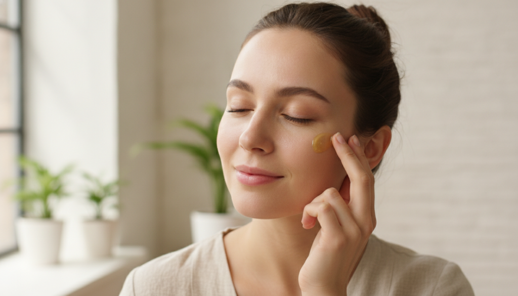 A woman gently applying a small amount of yellow-tinted balm to her cheek illustrating the how to use step Her skin look