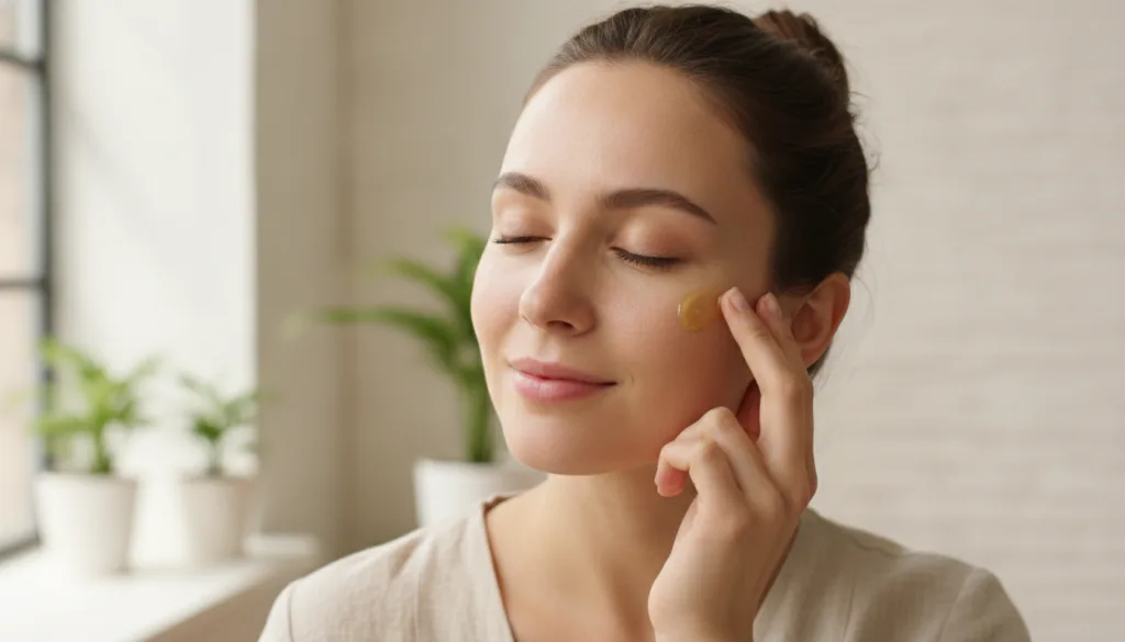 A woman gently applying a small amount of yellow-tinted balm to her cheek illustrating the how to use step Her skin look