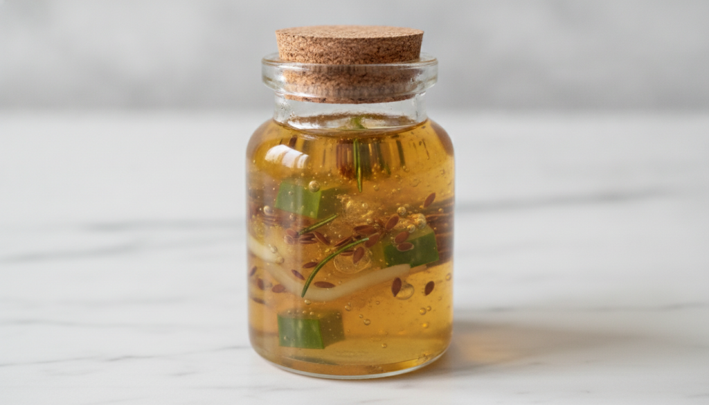 A close-up of the finished DIY natural hair growth gel in a clear glass jar showing its translucent slightly viscous tex