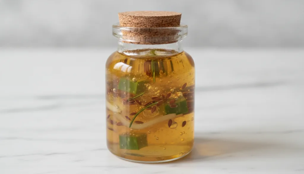 A close-up of the finished DIY natural hair growth gel in a clear glass jar showing its translucent slightly viscous tex