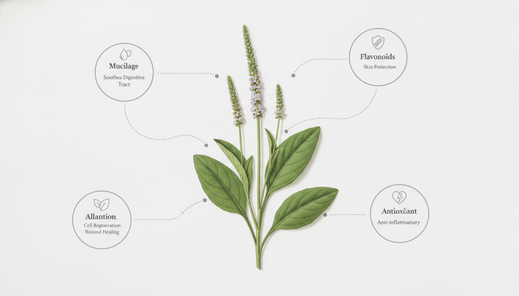An illustration depicting the key chemical compounds found in Broadleaf Plantain such as mucilage allantoin flavonoids a