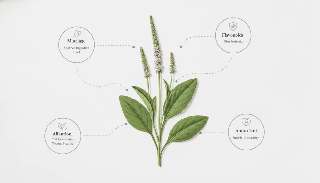 An illustration depicting the key chemical compounds found in Broadleaf Plantain such as mucilage allantoin flavonoids a