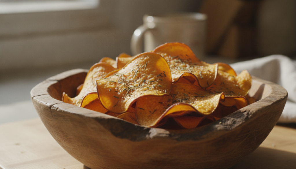 A serving of bright orange crispy baked sweet potato chips in a bowl with a sprinkle of herbs Natural light