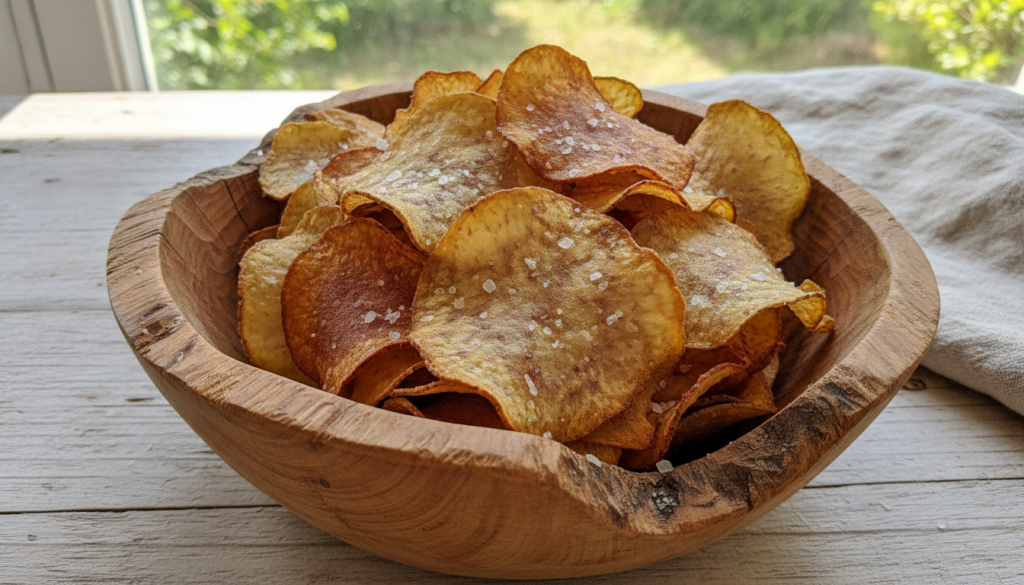 A bowl of thinly sliced golden-fried taro chips lightly seasoned with a slightly purple hue visible in some chips Bright