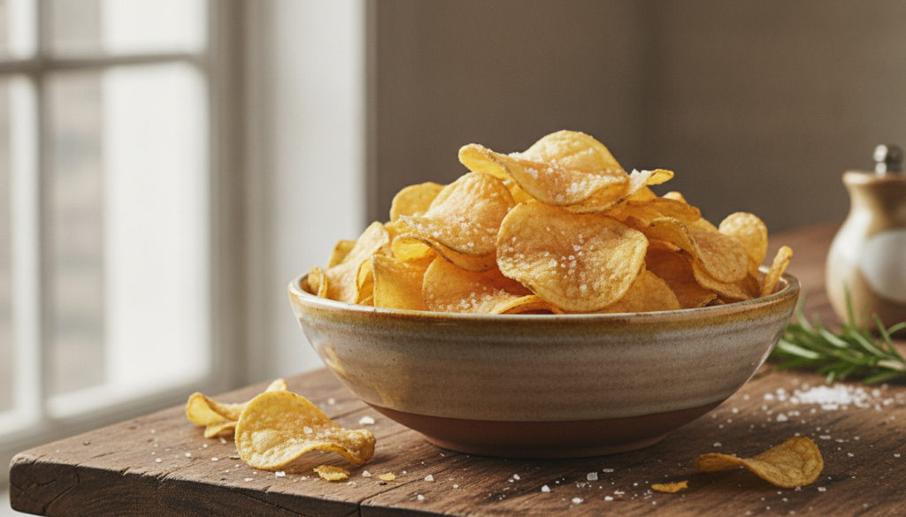 A pile of golden-brown thin crispy homemade potato chips in a rustic bowl with a sprinkle of sea salt Bright natural lig