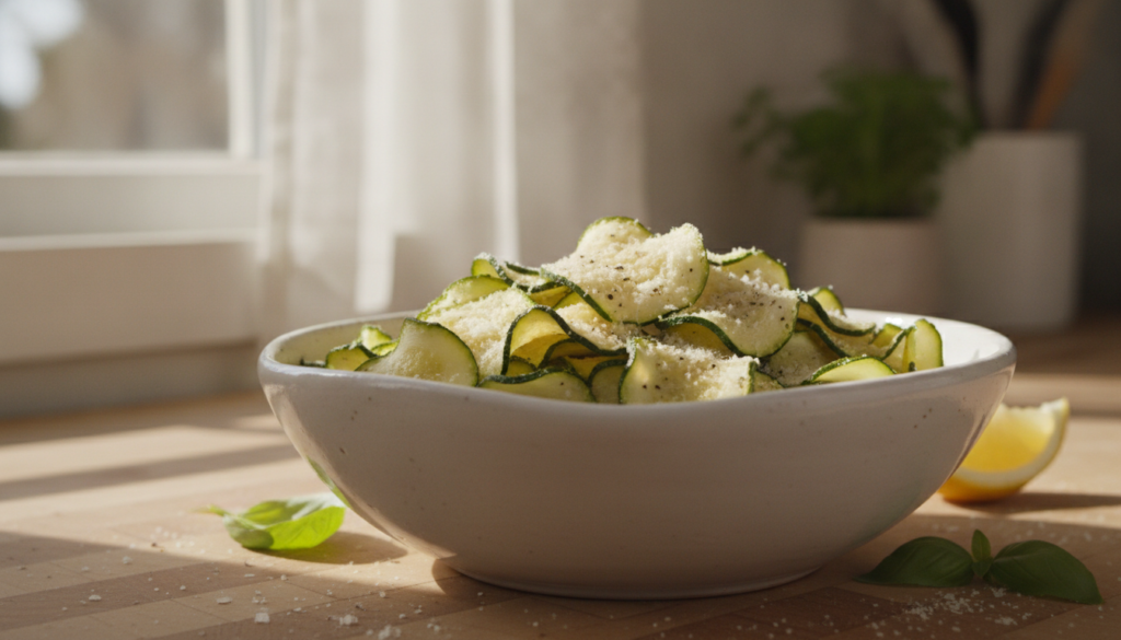 A bowl of green delicate crispy zucchini chips lightly seasoned with parmesan cheese Bright kitchen setting