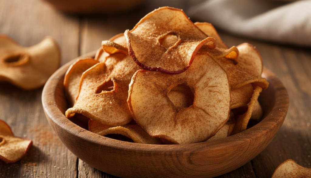 A pile of thinly sliced dehydrated apple chips with a reddish peel sprinkled with cinnamon in a small wooden bowl Warm i