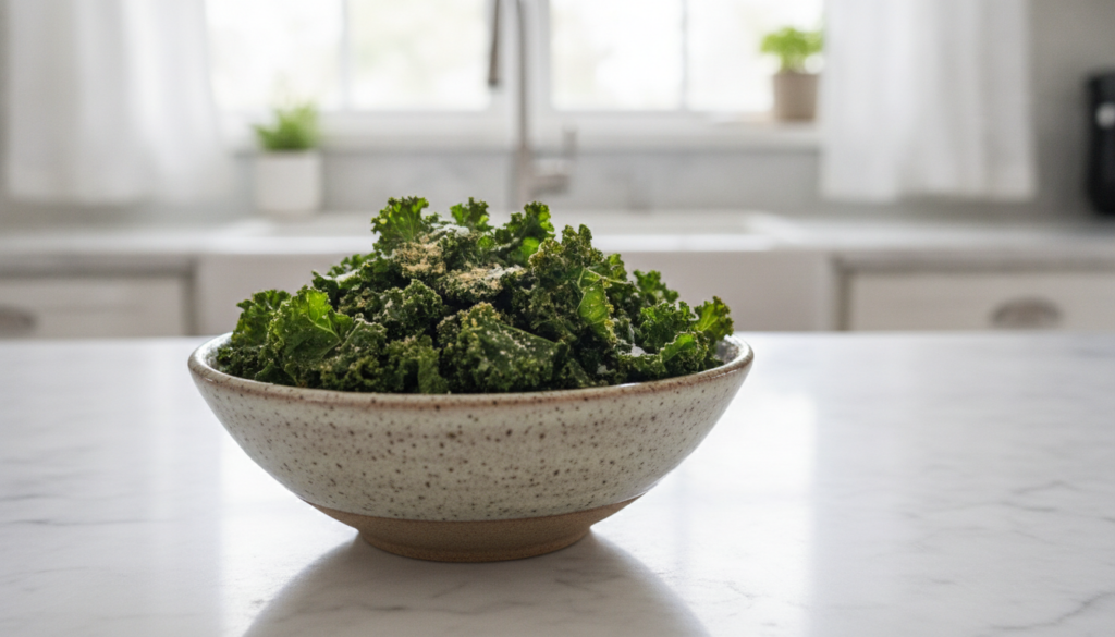 A small bowl filled with vibrant green crinkly crispy kale chips lightly seasoned with salt and nutritional yeast Bright
