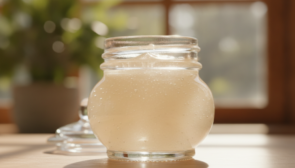 A close-up of the finished DIY Vaseline glow gel in a small elegant glass jar showing its smooth translucent texture The