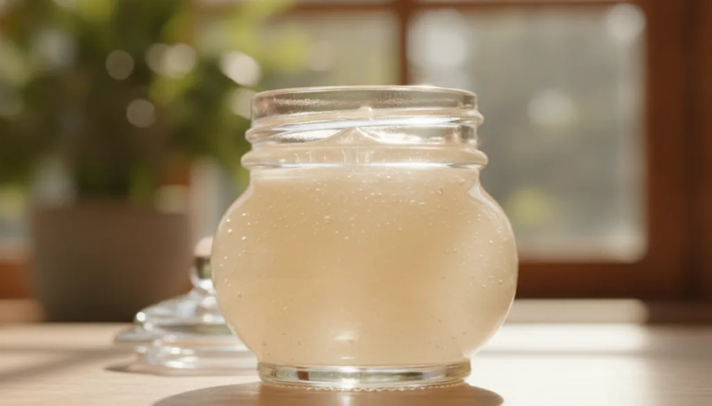 A close-up of the finished DIY Vaseline glow gel in a small elegant glass jar showing its smooth translucent texture The