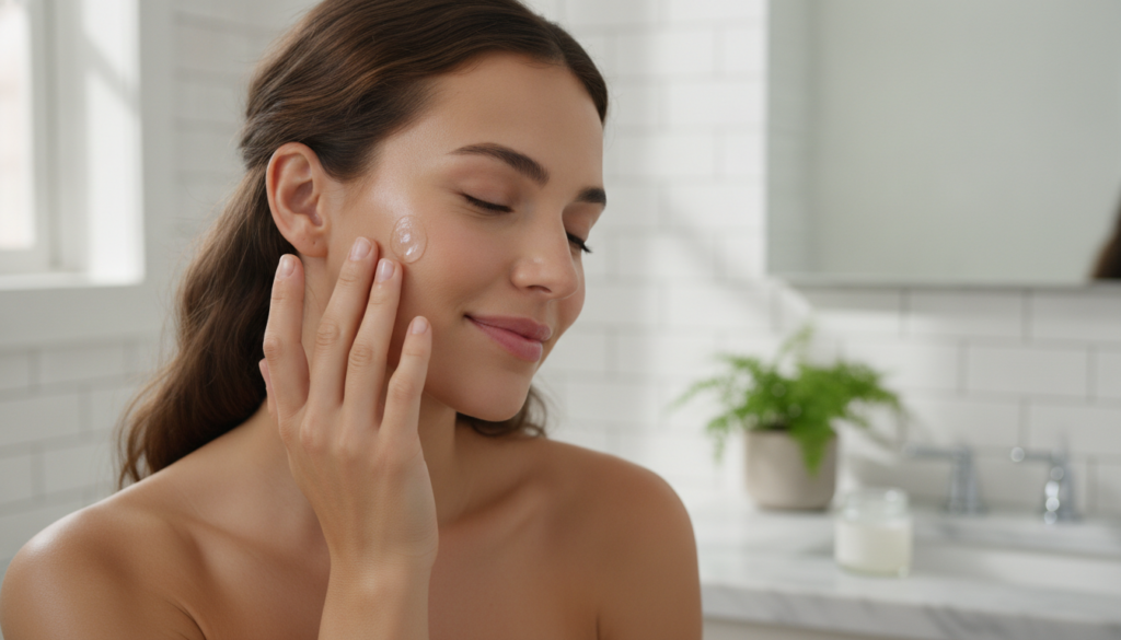 A woman gently applying a small amount of the homemade Vaseline glow gel to her cheek with her fingertips demonstrating 