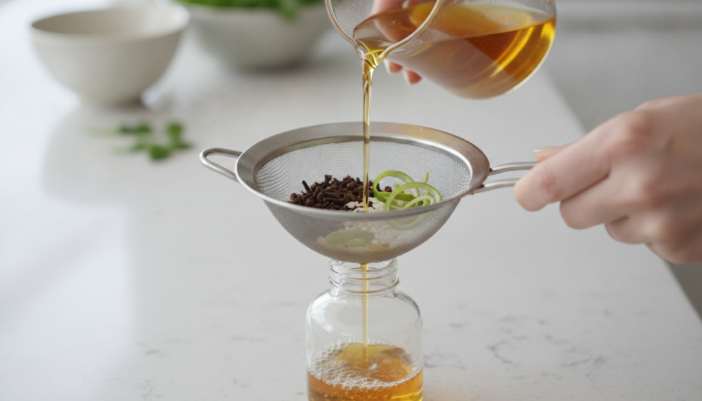 Hands pouring infused baby oil through a fine-mesh strainer into a clean glass bottle with the strained natural ingredie