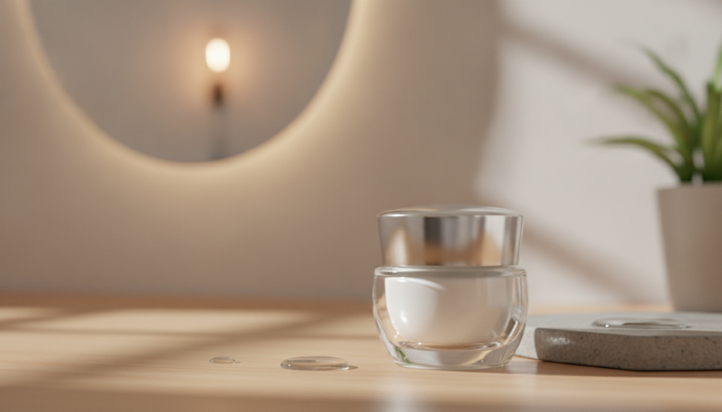 A small elegant glass jar filled with the finished Korean-inspired rice and Vaseline night gel placed on a vanity with s