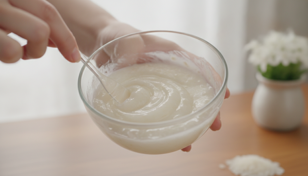 Hands mixing a thick white rice gel with melted Vaseline in a small glass bowl creating a smooth creamy night gel