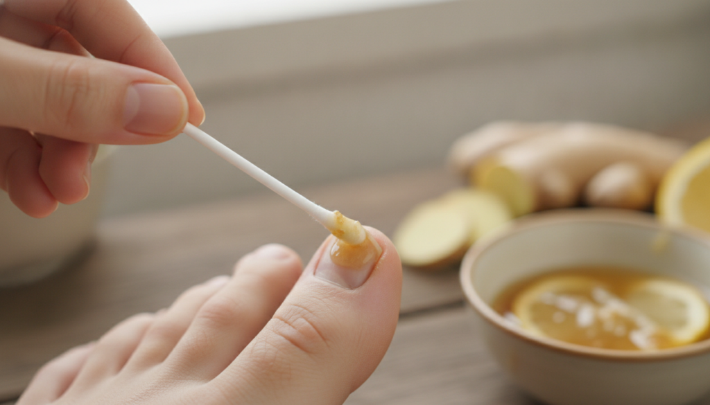 A person applying the ginger and lemon mixture to their toenail with a cotton swab showing careful application