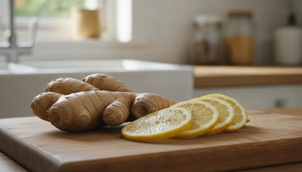 Close-up of fresh ginger root and a sliced lemon on a wooden cutting board ready for preparation