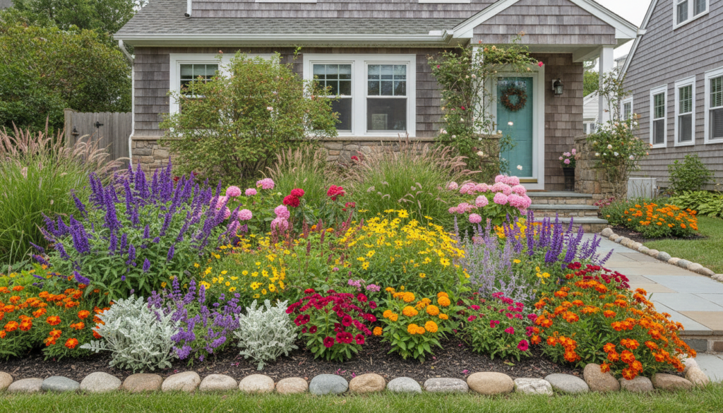 A variety of colorful flowering annuals and perennials arranged in a beautiful low-maintenance garden bed in front of a 
