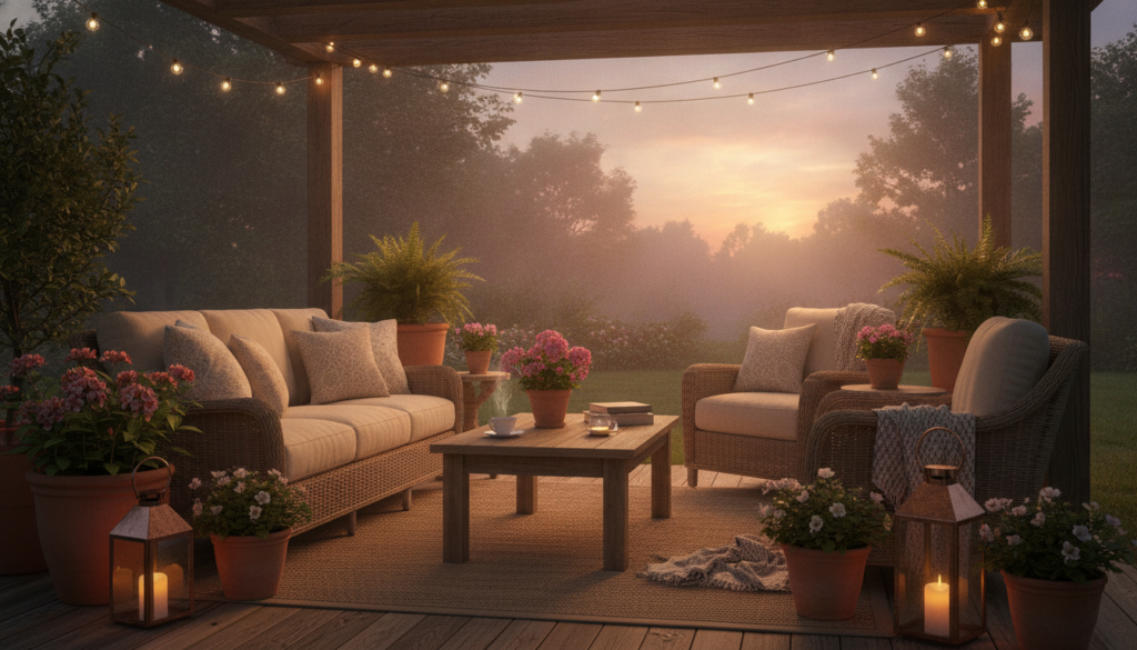 An inviting bungalow porch with comfortable seating decorative container plants and warm lighting creating a perfect out