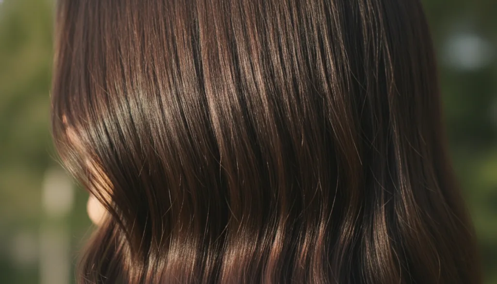 A close-up of healthy shiny and voluminous dark hair highlighting the natural beauty and vitality of well-cared-for hair
