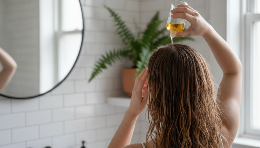 A woman gently pouring a homemade herbal rinse over her hair and scalp in a bright bathroom showing a natural and relaxe