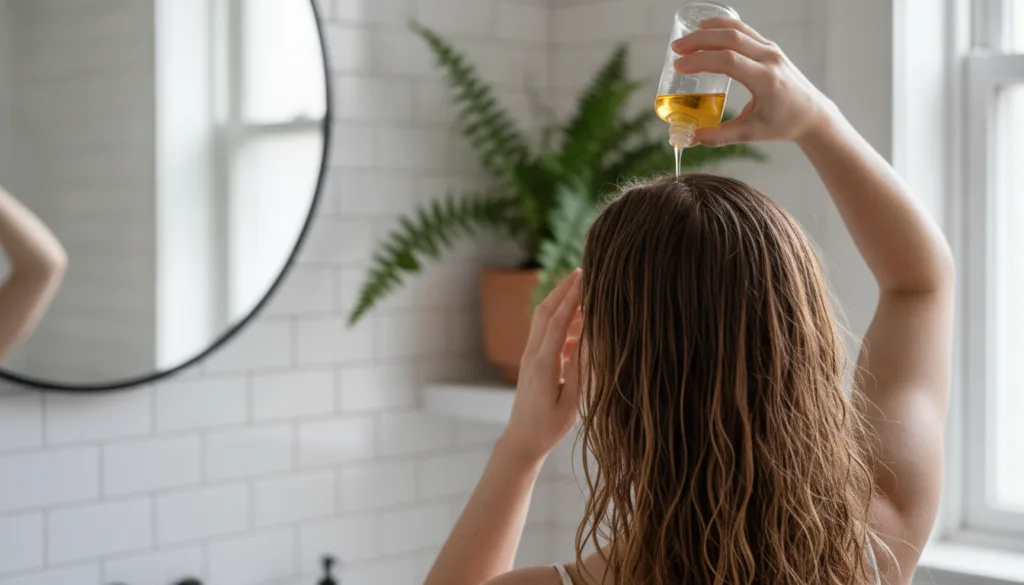 A woman gently pouring a homemade herbal rinse over her hair and scalp in a bright bathroom showing a natural and relaxe