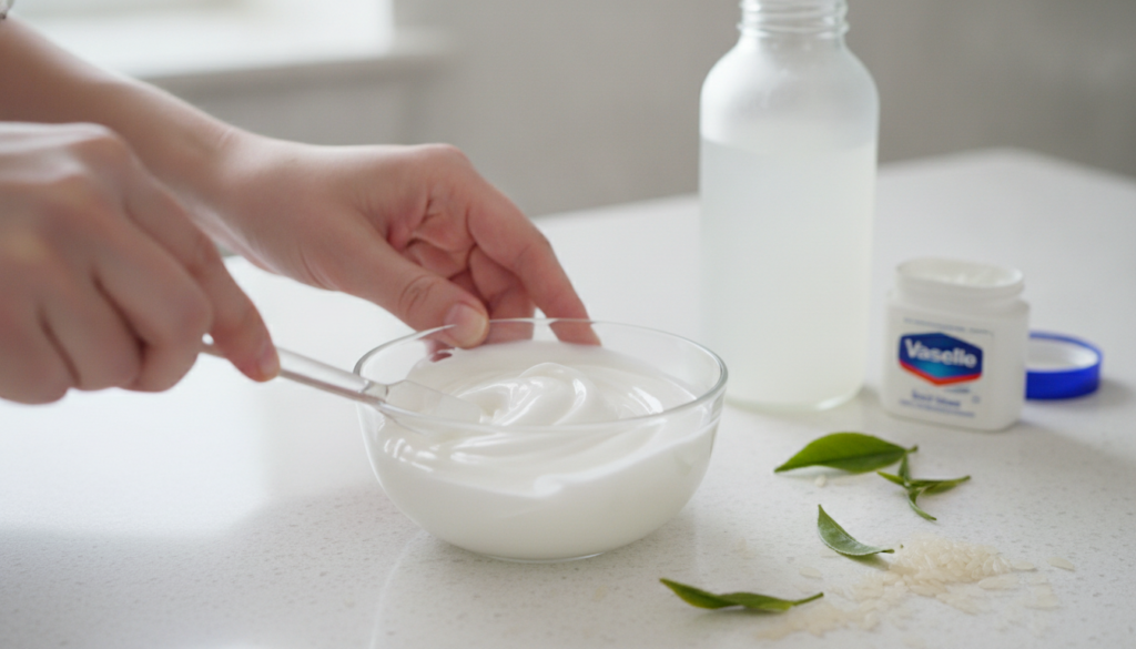 Hands mixing a creamy white DIY beauty gel in a small glass bowl with rice water and Vaseline visible in the background 
