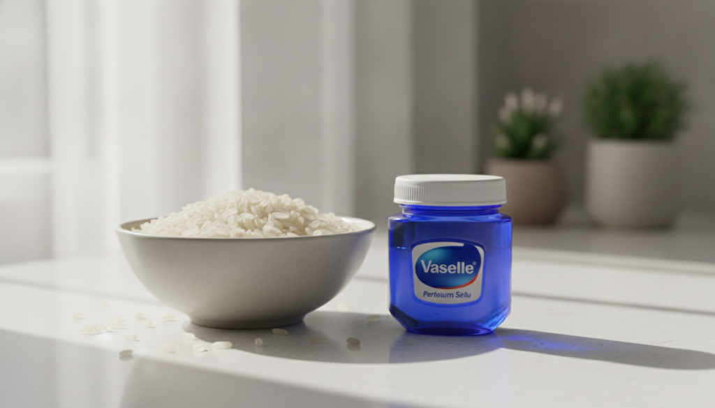 A bowl of white rice grains next to a jar of Vaseline on a clean simple kitchen counter illustrating the two main ingred