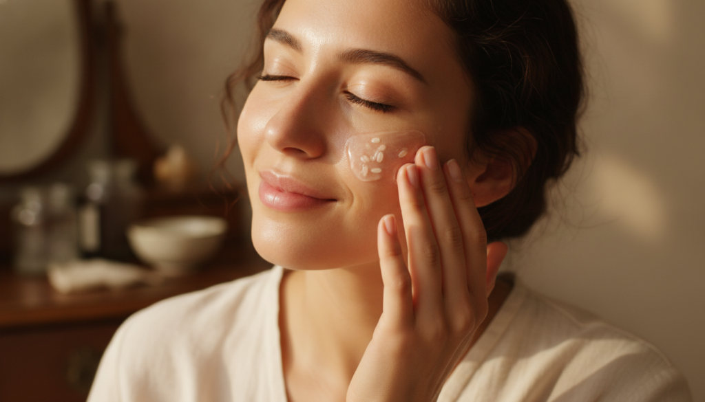 A woman gently massaging the rice and Vaseline gel onto her cheek emphasizing a smooth and hydrated complexion in soft e