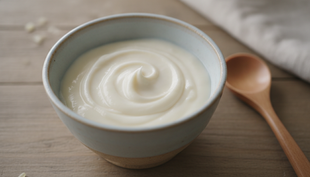 Close-up of a small bowl with a creamy light-colored paste made from baby oil and rice flour with a small mixing spoon