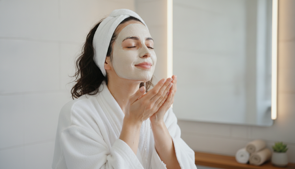 A woman gently rinsing her face with lukewarm water to remove a face mask with a satisfied expression
