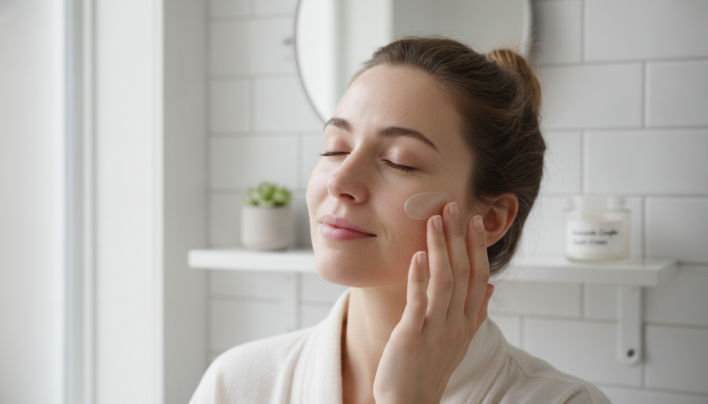 A woman gently applying the homemade cream to her clean face demonstrating how to use the product for glowing skin