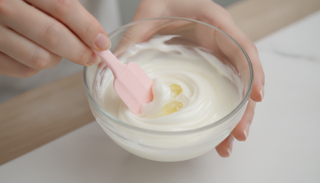 A person s hands gently mixing the Vaseline baby oil and other ingredients in a small glass bowl with a mini spatula sho