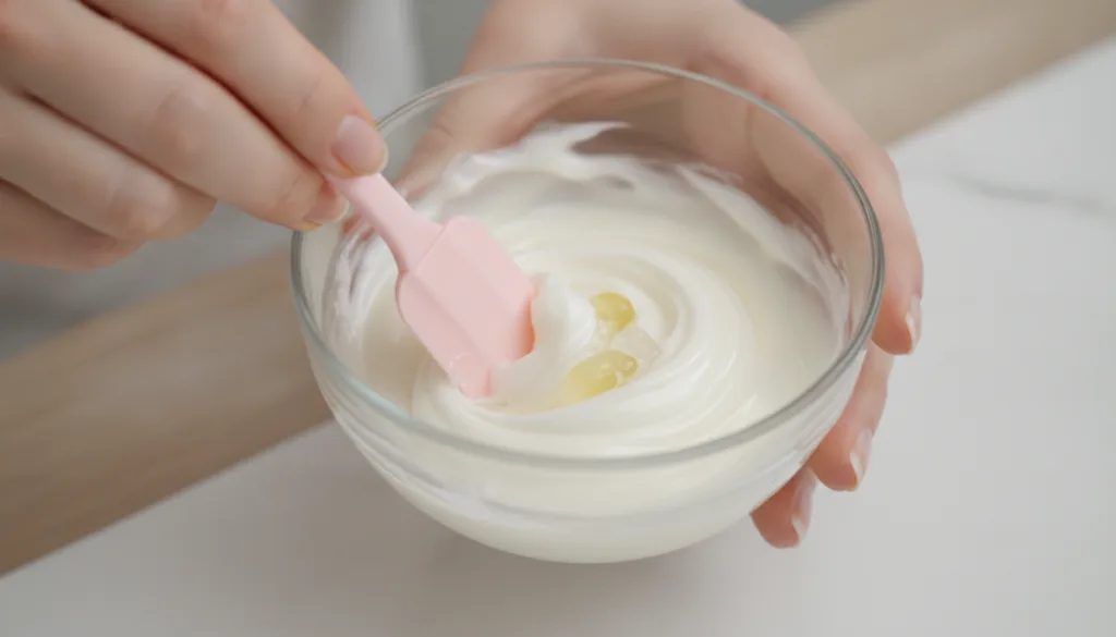 A person s hands gently mixing the Vaseline baby oil and other ingredients in a small glass bowl with a mini spatula sho
