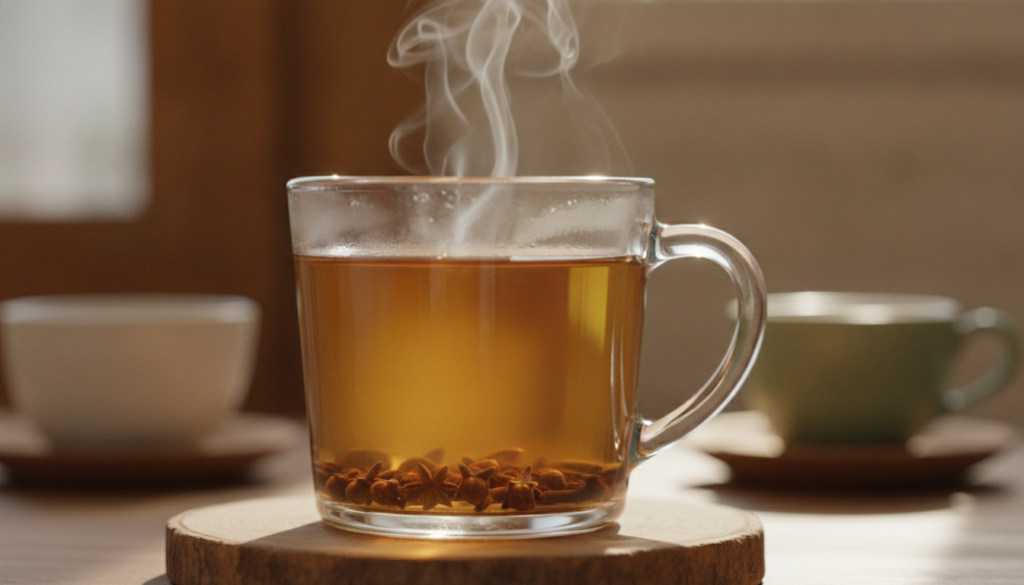 A clear glass mug with a golden clove herbal infusion showing whole clove buds steeping steam gently rising