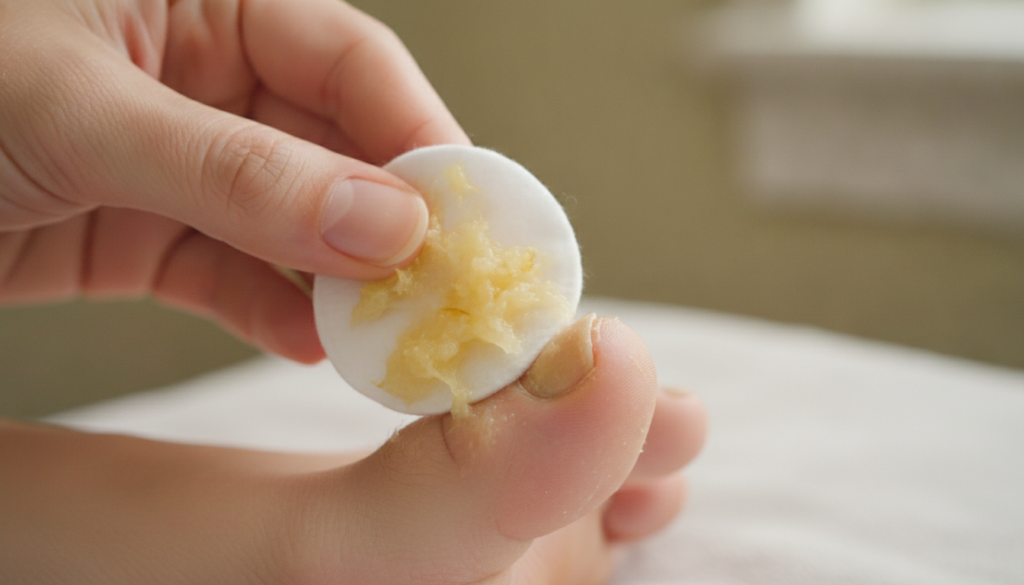 A person gently rubbing a ginger and lemon mixture onto a toenail with a cotton pad showing the application process