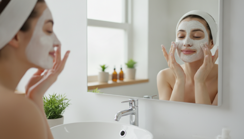 A woman gently applying the white rice flour and baby oil mask to her clean face in a brightly lit bathroom looking at a