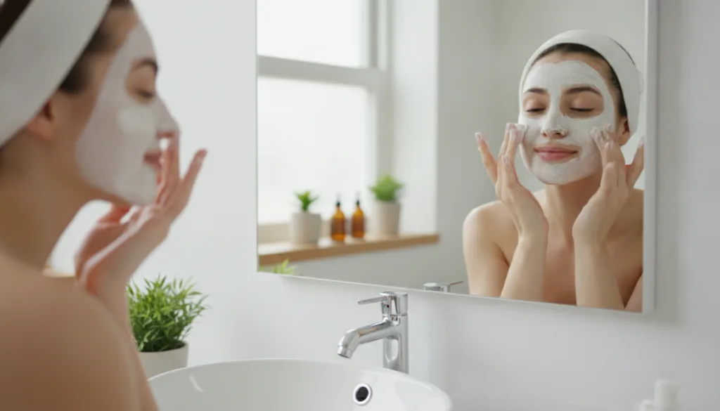 A woman gently applying the white rice flour and baby oil mask to her clean face in a brightly lit bathroom looking at a