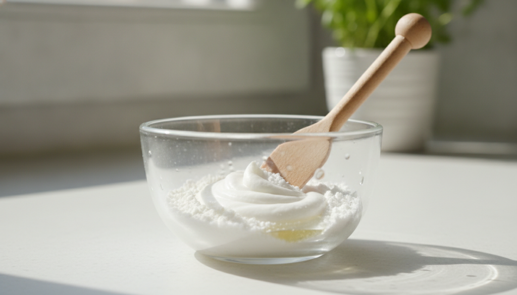Close-up of a small bowl where baby oil and white rice flour are being mixed into a smooth paste with a small spatula or