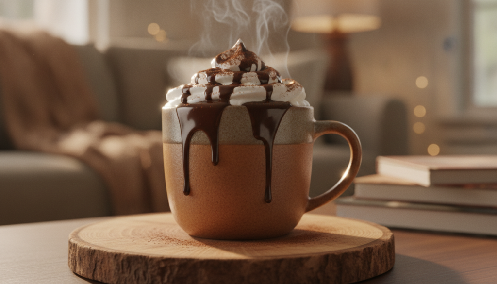 A close-up shot of a cozy mug of hot chocolate with whipped cream and a delicate chocolate drizzle surrounded by warm so